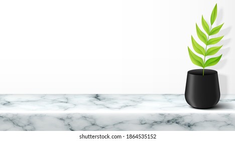 Product display white background with tropical flower decoration. Marble product background for advertising. 3d vector illustration.