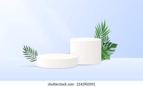 Product display with white and blue podiums and plants leaves and tropical with cloud on blue background fresh mind , illustration 3d Vector EPS 10