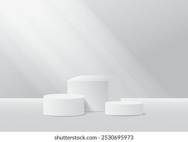 Product display, White podium and background with abstract minimal scene for product and brand presentation, Abstract podium composition, White background copy space, 3d vector illustration.