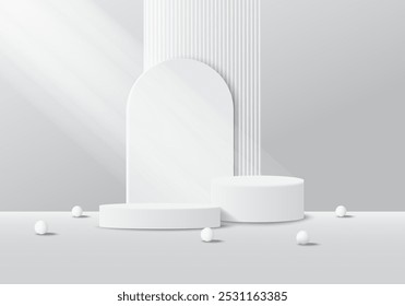 Exibição do produto, pódio branco e fundo com cena mínima abstrata para apresentação do produto e da marca, composição do pódio abstrato, espaço de cópia de fundo branco, ilustração vetorial 3d.