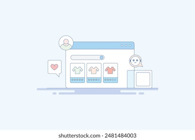 Producto mostrado en la página de resultados del motor de búsqueda, AI chat bot sugiriendo producto en el resultado de búsqueda, Productos relacionados en el Sitio web - línea de Ilustración vectorial con iconos