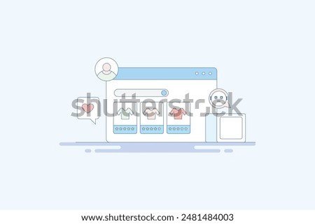 Product displayed on search engine result page, AI chat bot suggesting product on search result, Related products on website - line vector illustration with icons