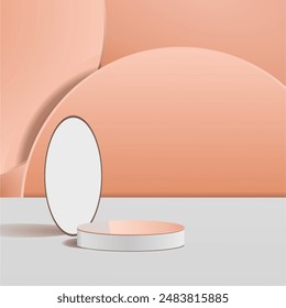 The product displays a 3D background podium scene with a geometric shape platform. 3d vector rendering of background with podium. displays to display cosmetic products. Showcase stage in white studio 