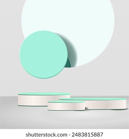 The product displays a 3D background podium scene with a geometric shape platform. 3d vector rendering of background with podium. displays to display cosmetic products. Showcase stage in white studio 