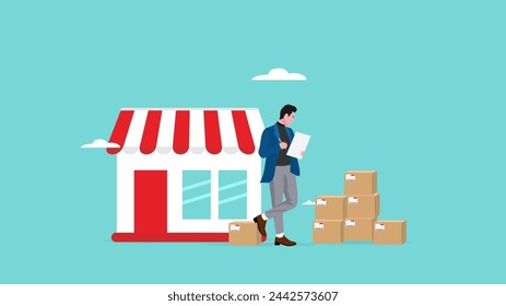 Product Distribution Franchising, checking stock of goods from franchise businesses,  businessman stands next to a franchise shop while checking the availability of raw goods