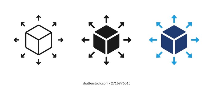 Ícone de distribuição do produto para logística e fluxo de suprimento. Cubo com setas para entrega, envio, gerenciamento de depósito, fornecimento e distribuição escalável de produtos para uso comercial e de comércio eletrônico.