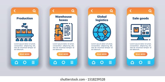 Product distribution on mobile app onboarding screens. Line icons, production, warehouse boxes, global logistic, sale goods. Banners for website and mobile kit development UI/UX/GUI template