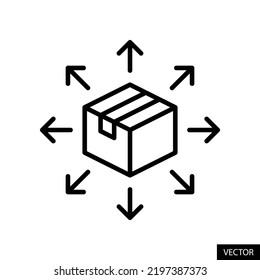 Produkt-Verteilung Vektorsymbol in Line-Style-Design für Website, App, Benutzeroberfläche, einzeln auf weißem Hintergrund. Bearbeitbarer Strich. EPS10 Vektorgrafik.