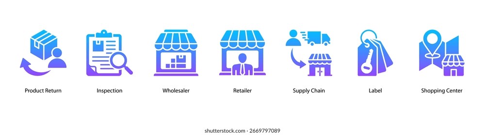 Ilustração do vetor do ícone do banner da web de distribuição do produto apresentando devolução do produto, inspeção, atacadista, varejista, cadeia de fornecimento, etiqueta e shopping center.