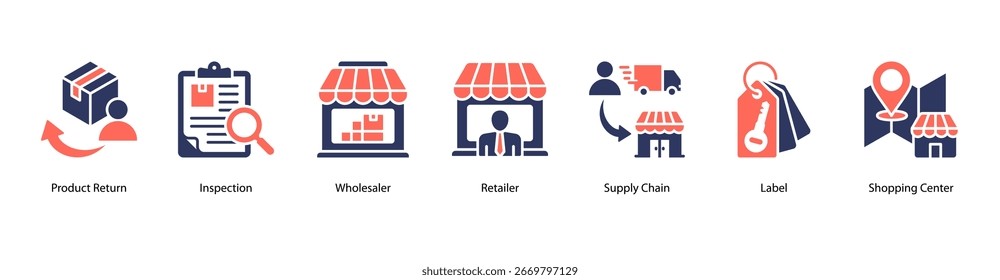 Ilustração do vetor do ícone do banner da web de distribuição do produto apresentando devolução do produto, inspeção, atacadista, varejista, cadeia de fornecimento, etiqueta e shopping center.