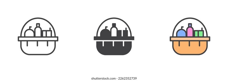 Product donation basket different style icon set. Line, glyph and filled outline colorful version, outline and filled vector sign. Charity symbol, logo illustration. Vector graphics