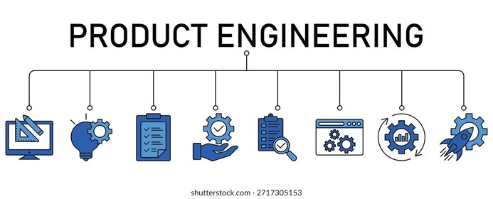 Concepto de Ilustración vectorial de ícono de Web de Anuncio de ingeniería de Producto con ícono de diseño, innovación, planificación, Asistencia, pruebas, desarrollo, gestión, implementación. EPS 10