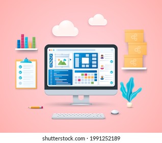 Product engineering design template. Process of innovating, designing, developing, testing and deploying a software product. Computer with open pages on screen. Keyboard and mouse. Web vector illustra