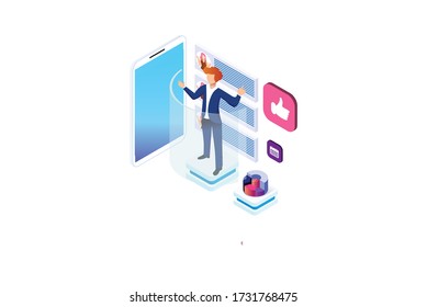 Product of e-shop. Shop available assistance, accessible always. Clock illustration for site or center. Isometric images of transaction customer support concept with characters. Vector illustration.