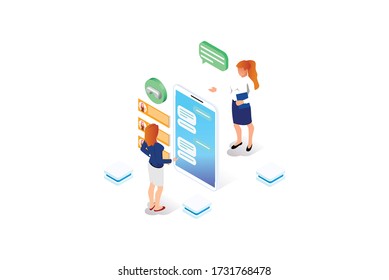Product of e-shop. Shop available assistance, accessible always. Clock illustration for site or center. Isometric images of transaction customer support concept with characters. Vector illustration.