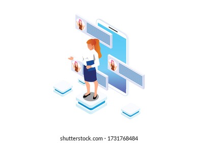 Product of e-shop. Shop available assistance, accessible always. Clock illustration for site or center. Isometric images of transaction customer support concept with characters. Vector illustration.