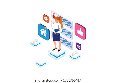 Product of e-shop. Shop available assistance, accessible always. Clock illustration for site or center. Isometric images of transaction customer support concept with characters. Vector illustration.