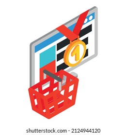 Product evaluation icon isometric vector. Number one medal and shopping basket. Online shopping, customer choice, commerce, promotion, product rating