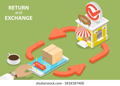 Product Exchange and Return Policy, Purchase Refunding. 3D Isometric Flat Vector Conceptual Illustration.