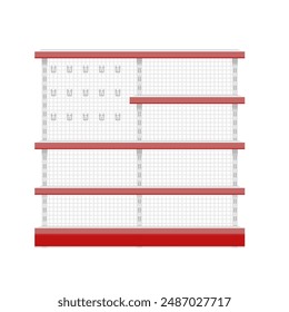 Product exhibition with grids equipped with hooks. Product display rack for sale. Empty shelf, template, mockup, planogram, red, realistic, supermarket, vector