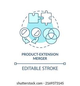 Product extension business merger turquoise concept icon. Complementary products. Abstract idea thin line illustration. Isolated outline drawing. Editable stroke. Arial, Myriad Pro-Bold fonts used