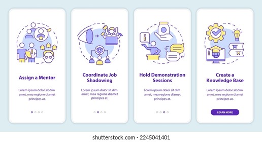 Product feature and application training onboarding mobile app screen. Walkthrough 4 steps editable graphic instructions with linear concepts. UI, UX, GUI template. Myriad Pro-Bold, Regular fonts used