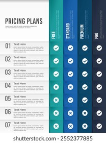 Product feature comparison pricing and plans. Infographic, Options, Package, Poster, Website, Banner and Marketing. Vector illustration.