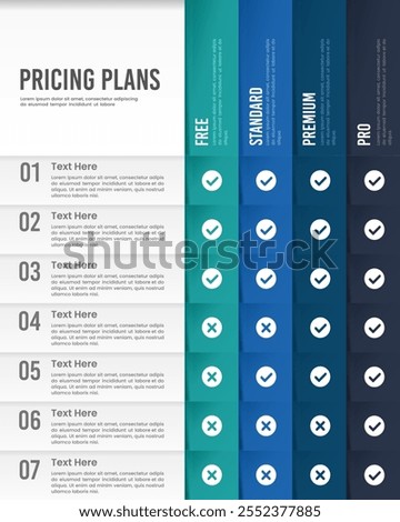 Product feature comparison pricing and plans. Infographic, Options, Package, Poster, Website, Banner and Marketing. Vector illustration.
