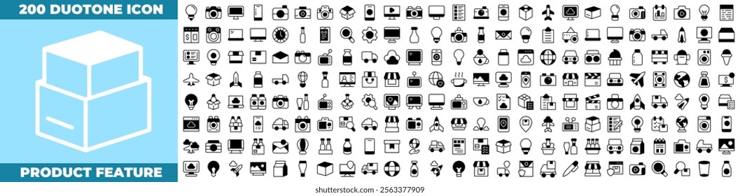 Product Feature Duotone Editable Icons set. Vector illustration in modern thin duotone style of product feature icons: inspection, evaluation, product, quality assurance, process, etc