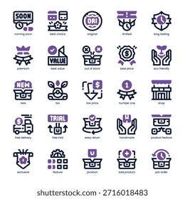Producto Feature Icon pack para su Sitio web, móvil, presentación y diseño de logotipo. Diseño de doble Producto Icon. Ilustración gráfica de Vector y trazo editable.