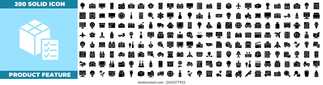 Product Feature Solid Editable Icons set. Vector illustration in modern thin solid style of product feature icons: inspection, evaluation, product, quality assurance, process, etc