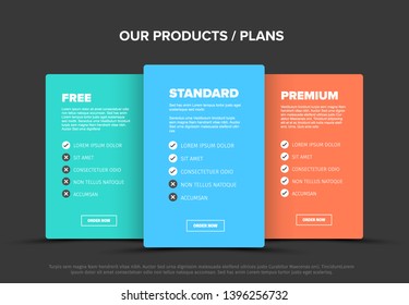 Product features schema template cards with three services, feature lists, order buttons and descriptions - dark version