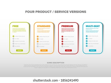 Product features schema template cards with four services, feature lists, order buttons and descriptions - light background version