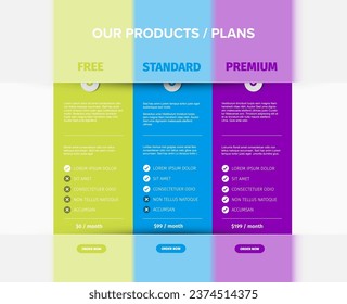 Product features schema template cards with three services, feature lists, order buttons descriptions. Pricing table light template with three options product subscription types with list of features