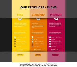 Product features schema template cards with three services, feature lists, order buttons, descriptions. Pricing table dark template with three options product subscription types with list of features
