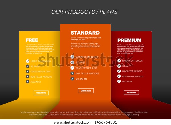Product features schema template cards with three\
services, feature lists, order buttons and descriptions - dark\
yellow, orange and red\
version