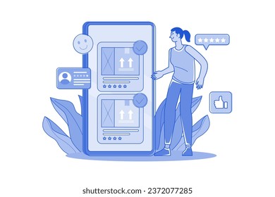 Concepto de Ilustración de comentarios sobre productos. Ilustración plana aislada en fondo blanco