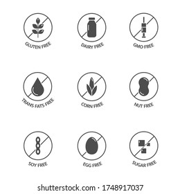 Product free allergen line icons. Natural products labels. GMO free emblems. Organic food and drink stickers. Food intolerance dietary. Healthy eating. Vegan, bio. Vector illustration.