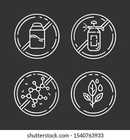 Product free ingredient chalk icons set. No pesticide, lectin, paraben, lactose. Healthy food without chemicals. Dietary without allergens. Balanced meals. Isolated vector chalkboard illustrations