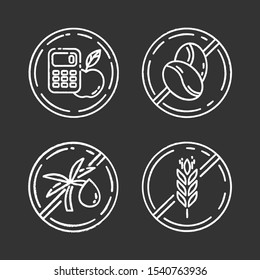 Product free ingredient chalk icons set. No calories, caffeine, palm oil, gluten. Organic food for weight loss. Healthy dietary without allergens. Balanced meals. Isolated vector chalkboard