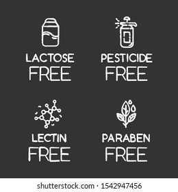 Product free ingredient chalk icons set. No lactose, pesticide, lectin, paraben. Organic food. Non-chemical pharmaceuticals. Dietary without allergens. Isolated vector chalkboard illustrations