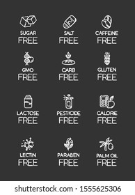 Product free ingredient chalk icons set. No lectine, paraben, gmo, gluten. Organic food, healthy eating. Low calories meals. Dietary without sweeteners. Isolated vector chalkboard illustrations