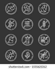 Product free ingredient chalk icons set. No paraben, pesticide, lactose. Organic food, healthy eating. Non-chemical herbs. Dietary without allergens. Isolated vector chalkboard illustrations