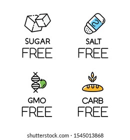 Product free ingredient color icons set. No sugar, salt, gmo, carbs. Organic healthy food. Non-seasoned, unsweetened meals. Dietary without allergens and sweeteners. Isolated vector illustrations