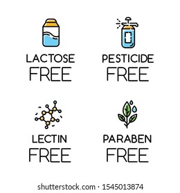 Product free ingredient color icons set. No lactose, pesticide, lectin, paraben. Organic food. Non-chemical pharmaceuticals. Dietary without allergens and sweeteners. Isolated vector illustrations