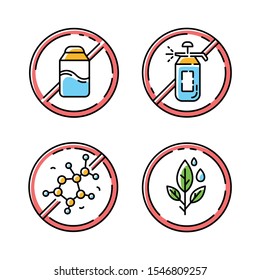 Product free ingredient color icons set. No pesticide, lectin, paraben, lactose. Healthy organic food without chemicals. Dietary without allergens. Balanced meals. Isolated vector illustrations