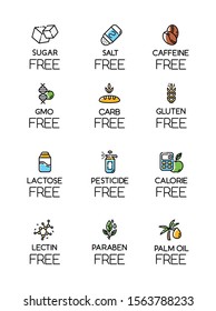 Product free ingredient color icons set. No lectine, paraben, gmo, gluten. Organic food, healthy eating. Low calories meals. Dietary without allergens and sweeteners. Isolated vector illustrations