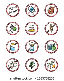 Product free ingredient color icons set. No paraben, pesticide, lactose. Organic food, healthy eating. Non-chemical herbs. Dietary without allergens and sweeteners. Isolated vector illustrations