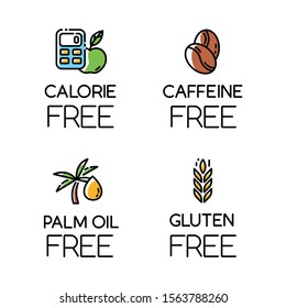 Product free ingredient color icons set. No calories, caffeine, palm oil, gluten. Organic healthy food. Low calories meals. Dietary without allergens and sweeteners. Isolated vector illustrations
