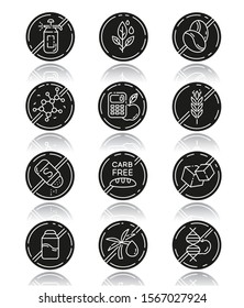 Product free ingredient drop shadow black glyph icons set. No paraben, pesticide, lactose. Organic food, healthy eating. Dietary without allergens and sweeteners. Isolated vector illustrations